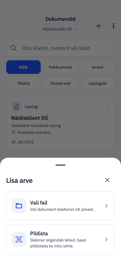 Lisa arve päris äpis: vali fail või pildista dokument