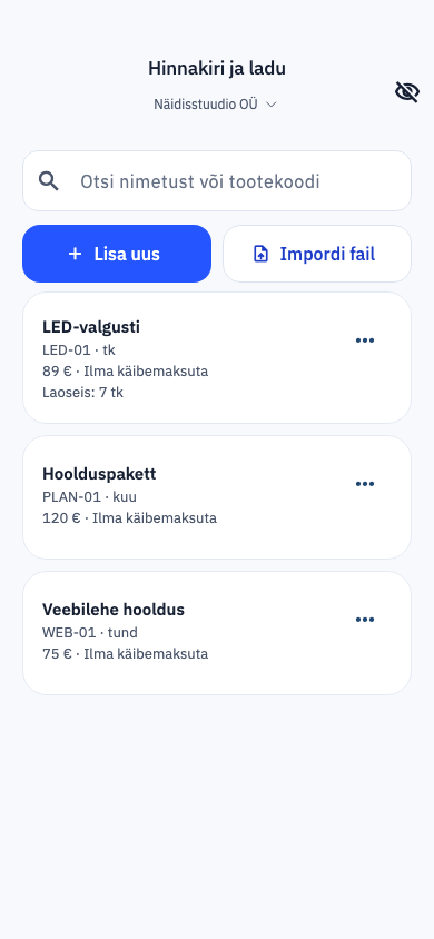 Päris äpi hinnakiri: otsing, Lisa uus ja Impordi fail ning salvestatud teenused