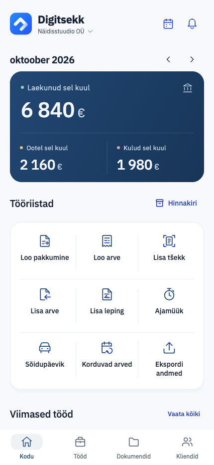 Digitseki päris koduvaade: rahaülevaade ja tööriistad, näidisandmed